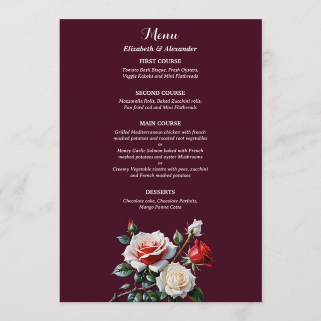 Dark Pretty pink white red roses floral wedding  Menu (Front)