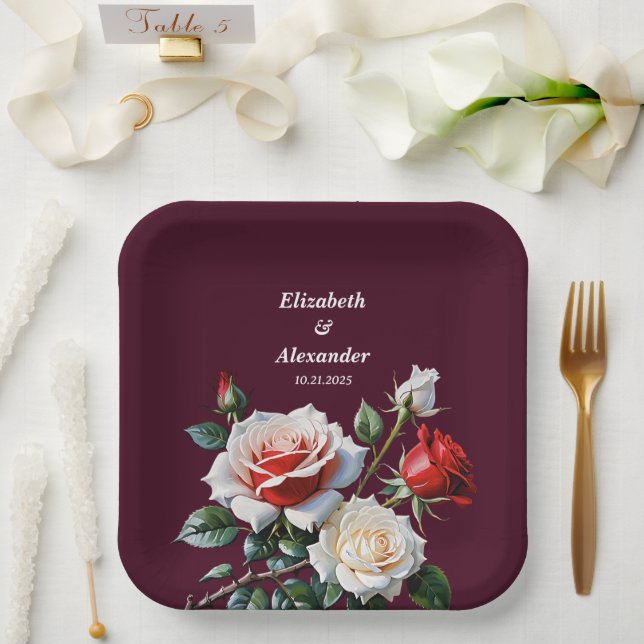 Dark Pretty pink white red roses floral wedding Paper Plate (Wedding)