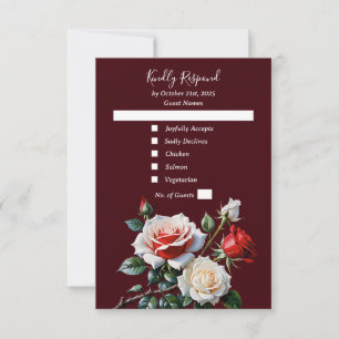Dark Pretty pink white red roses floral wedding RSVP Card