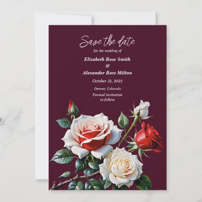 Dark Pretty pink white red roses floral wedding Save The Date (Front)