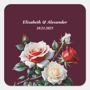 Dark Pretty pink white red roses floral wedding Square Sticker