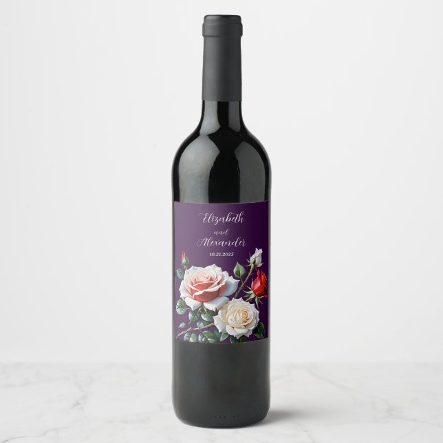 Dark Pretty pink white red roses floral wedding  Wine Label (Front)