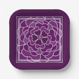 Dark purple abstract flower pattern paper plate