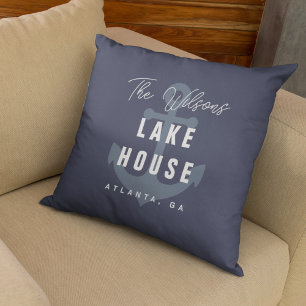 Dark Purple Anchor Lake House Custom Family Name Throw Pillow