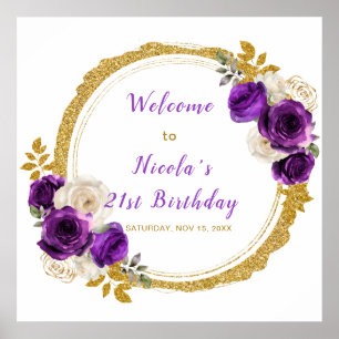 Dark Purple and Gold Elegant Flower Birthday Party Poster