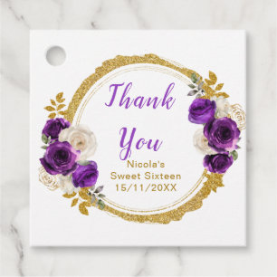 Dark Purple and Gold Elegant Flower Sweet Sixteen Favour Tags