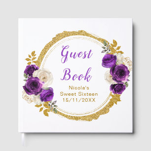 Dark Purple and Gold Elegant Flower Sweet Sixteen Guest Book