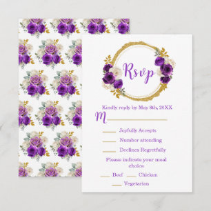Dark Purple and Gold Elegant Flower Sweet Sixteen RSVP Card