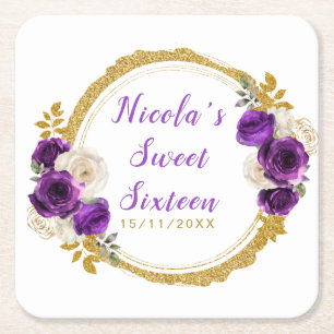 Dark Purple and Gold Elegant Flower Sweet Sixteen Square Paper Coaster