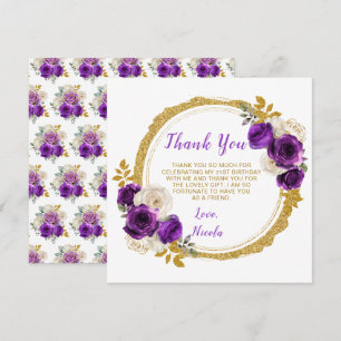Dark Purple and Gold Elegant Flowers Birthday  Thank You Card