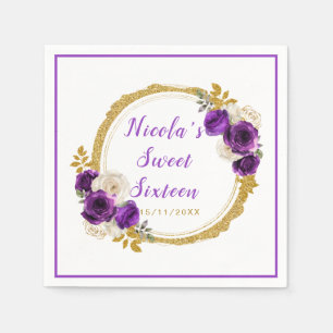 Dark Purple and Gold Elegant Flowers Sweet Sixteen Napkin