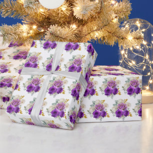 Dark Purple and Gold Elegant Flowers Wrapping Paper