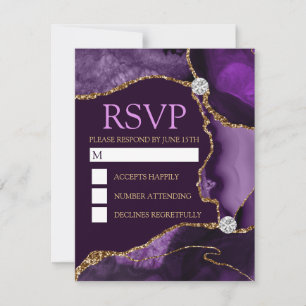 Dark Purple and Gold Glitter Agate Sweet Sixteen RSVP Card