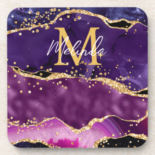 Dark Purple and Gold Glitter Sequins Agate Coaster