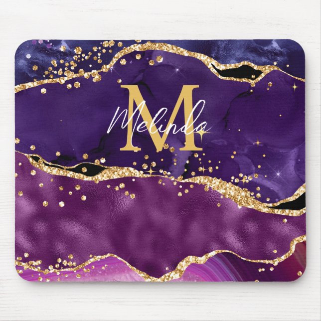 Dark Purple and Gold Glitter Sequins Agate Mouse Pad (Front)