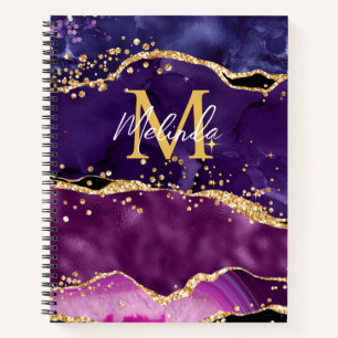 Dark Purple and Gold Glitter Sequins Agate Notebook