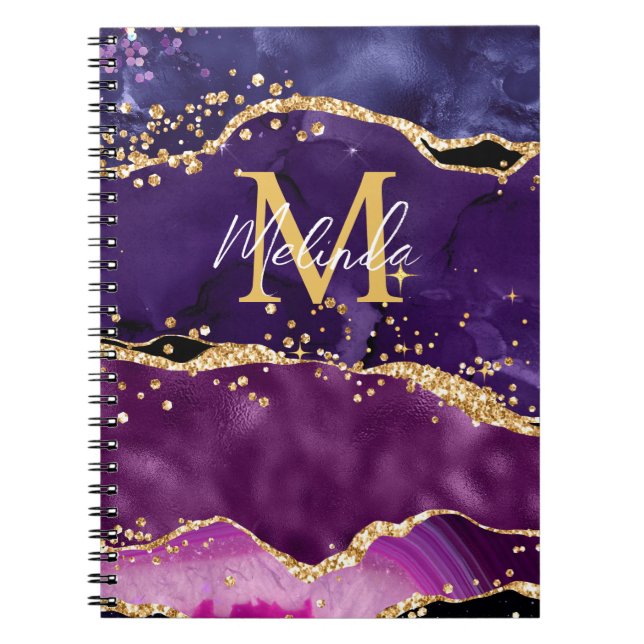 Dark Purple and Gold Glitter Sequins Agate Notebook (Front)