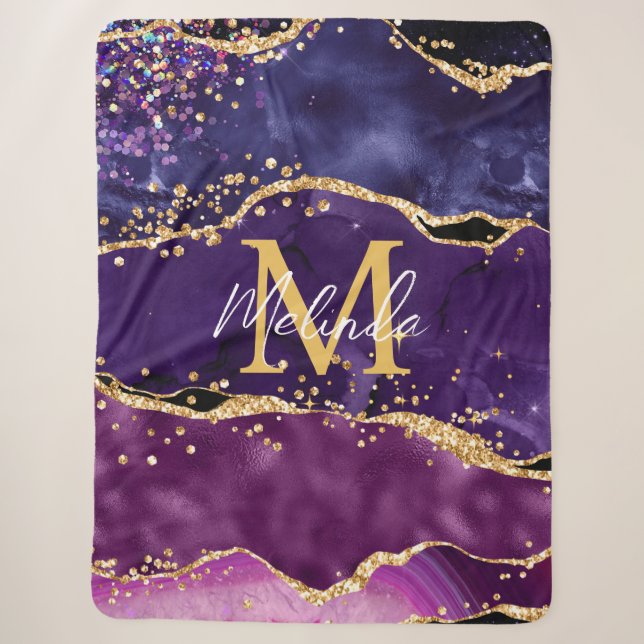 Dark Purple and Gold Glitter Sequins Agate Sherpa Blanket (Front)
