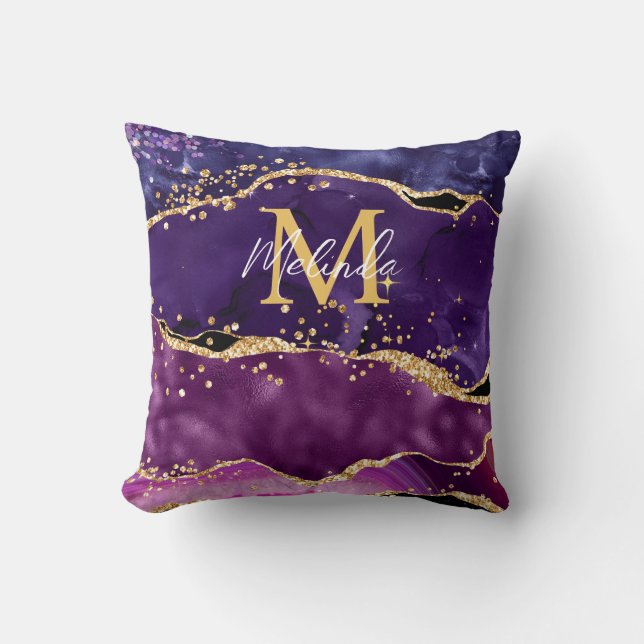 Dark Purple and Gold Glitter Sequins Agate Throw Pillow (Front)