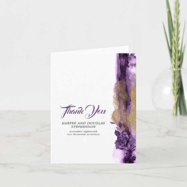 Dark Purple and Gold Glitter Wedding Thank You (Front)