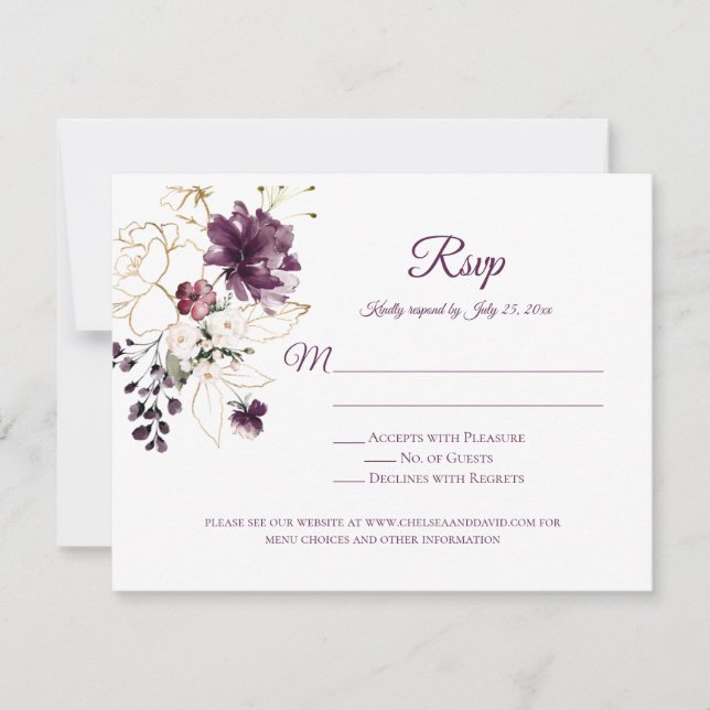 Dark Purple and Gold Outline Roses White Back RSVP (Front)