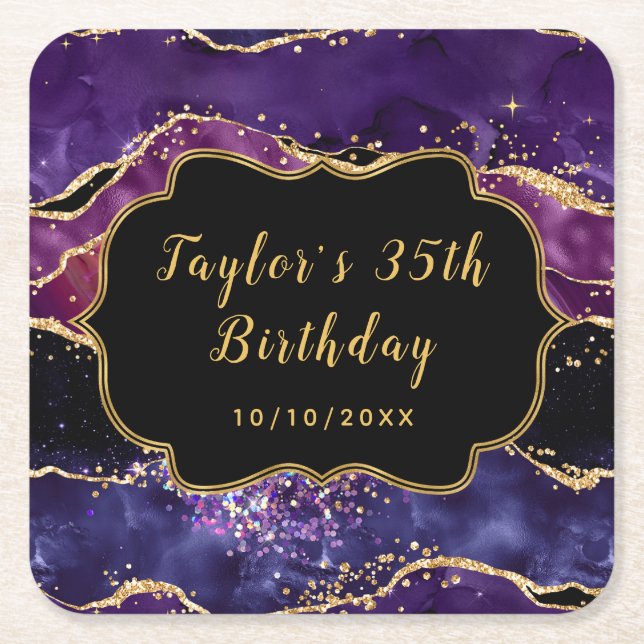 Dark Purple and Gold Sequins Agate Birthday Square Paper Coaster (Front)