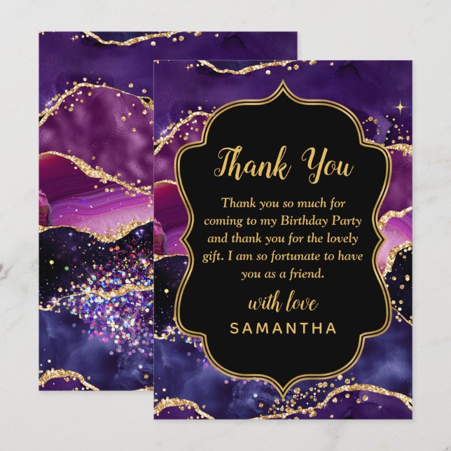 Dark Purple and Gold Sequins Agate Birthday Thank You Card (Front/Back)