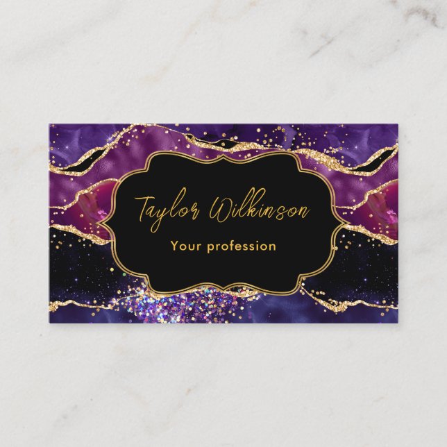 Dark Purple and Gold Sequins Agate Business Card (Front)