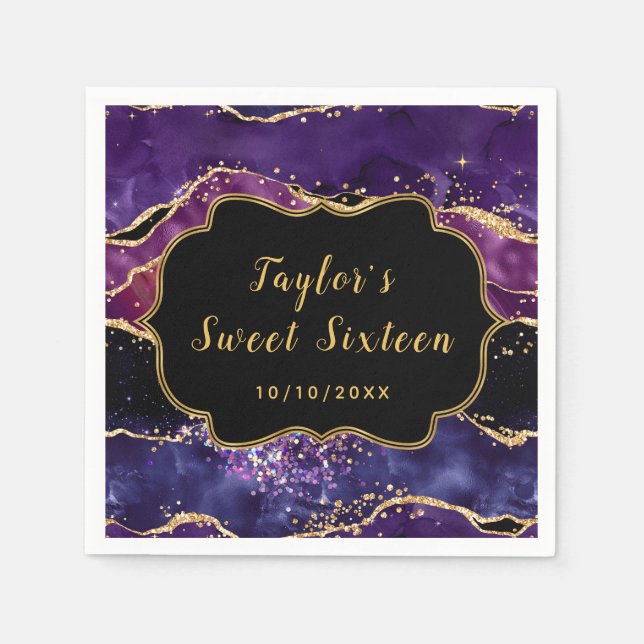 Dark Purple and Gold Sequins Agate Sweet Sixteen Napkin (Front)