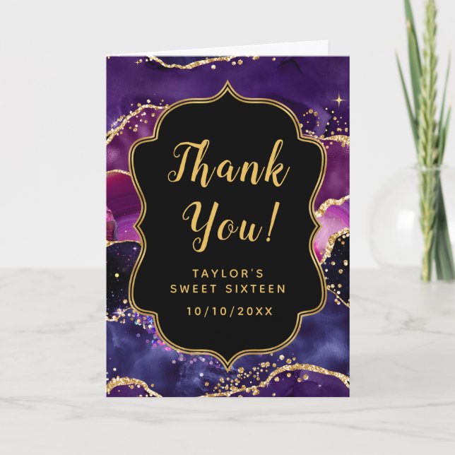 Dark Purple and Gold Sequins Agate Sweet Sixteen Thank You Card (Front)