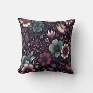 Dark Purple and Green Flowers Pattern Throw Pillow