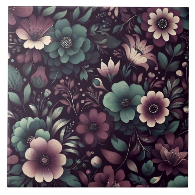 Dark Purple and Green Flowers Pattern Tile (Front)
