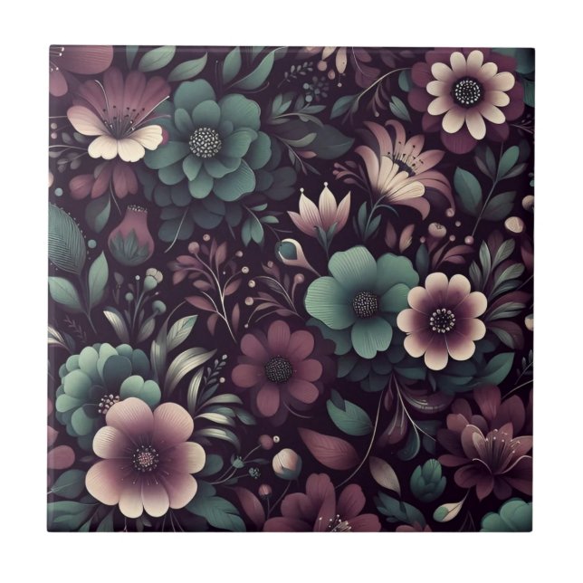 Dark Purple and Green Flowers Pattern Tile (Front)