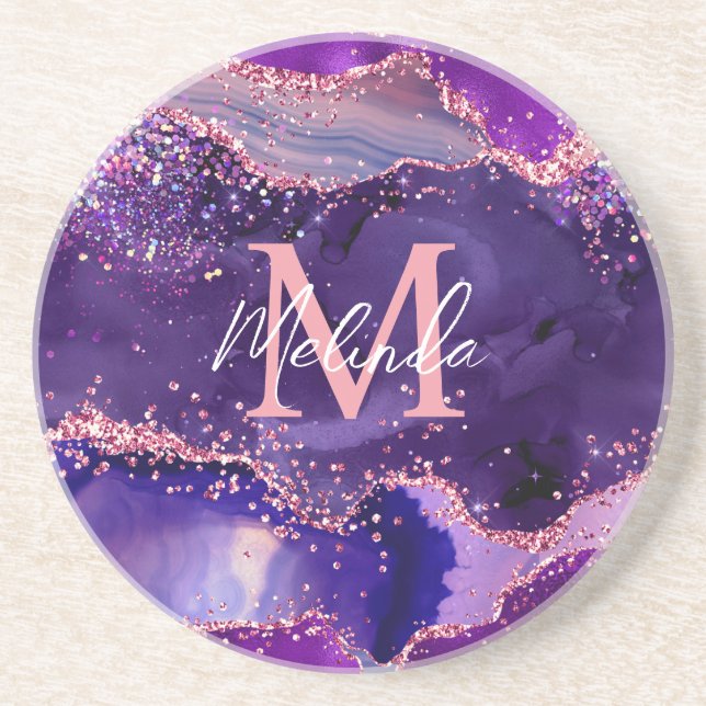 Dark Purple and Pink Glitter Sequins Agate Coaster (Front)