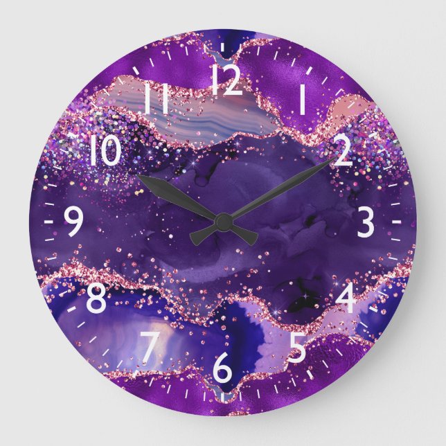 Dark Purple and Pink Glitter Sequins Agate Large Clock (Front)