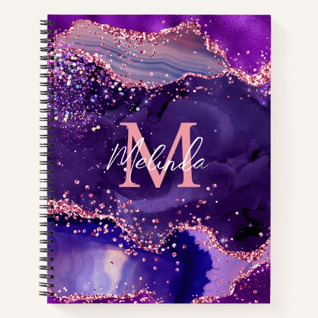 Dark Purple and Pink Glitter Sequins Agate Notebook (Front)