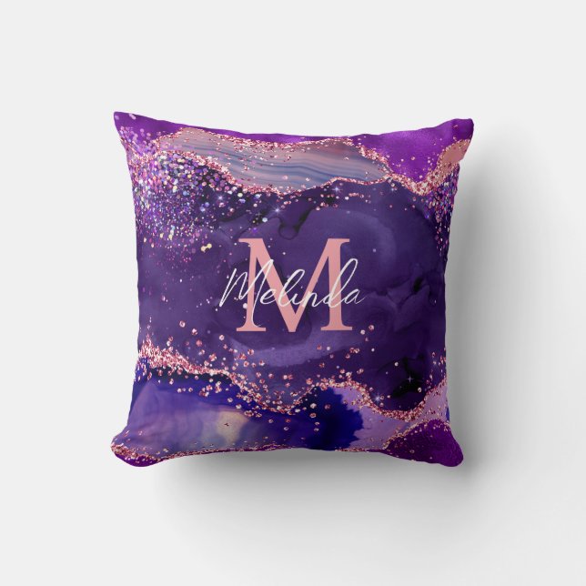 Dark Purple and Pink Glitter Sequins Agate Throw Pillow (Front)