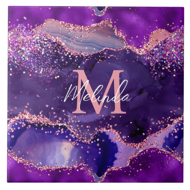 Dark Purple and Pink Glitter Sequins Agate Tile (Front)