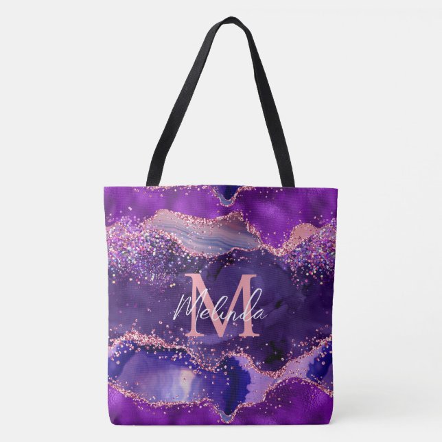 Dark Purple and Pink Glitter Sequins Agate Tote Bag (Front)