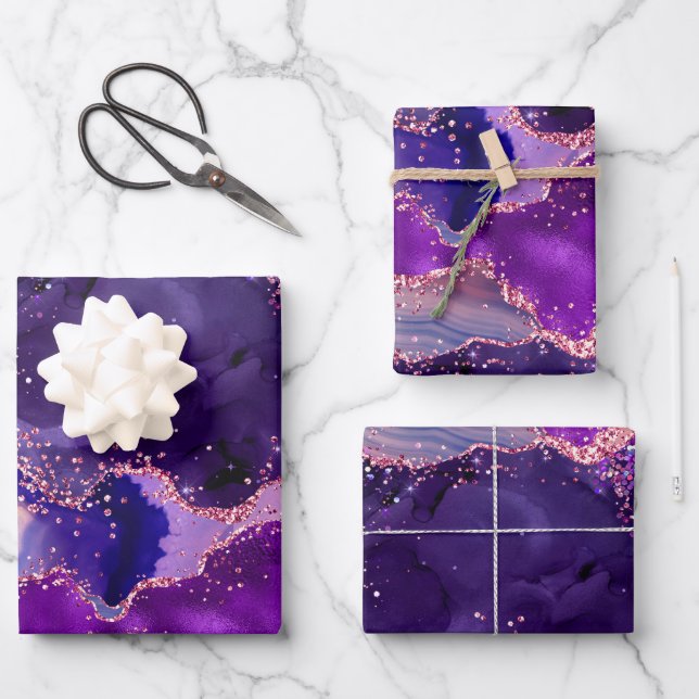 Dark Purple and Pink Glitter Sequins Agate Wrapping Paper Sheet (Front)