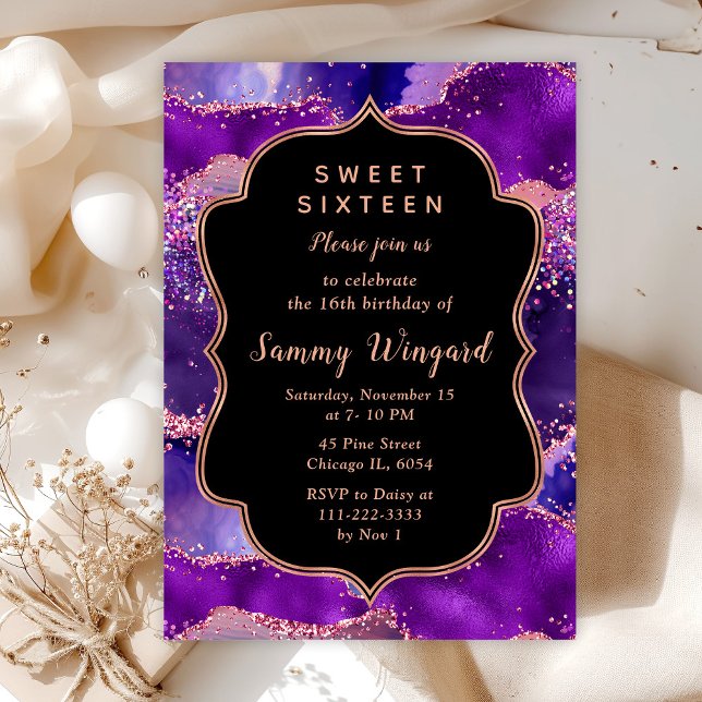 Dark Purple and Pink Sequins Agate Sweet Sixteen Invitation (Creator Uploaded)