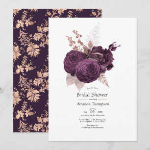 Dark Purple and Rose Gold Floral Bridal Shower Invitation