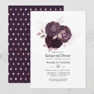 Dark Purple and Rose Gold Floral Rehearsal Dinner Invitation