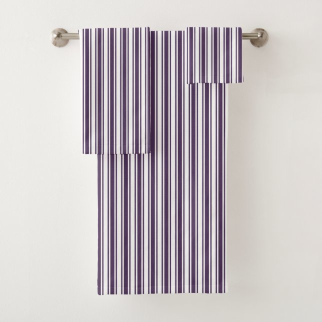 Dark purple and white candy stripes bath towel set (Insitu)