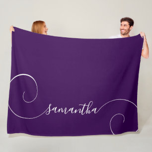 Dark Purple and White Curly Signature Name Fleece Blanket