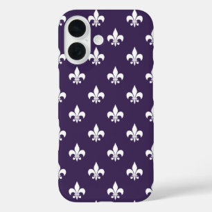 Dark Purple and White Fleur de Lis Pattern iPhone 16 Case