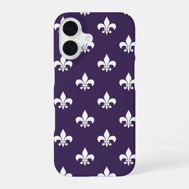 Dark Purple and White Fleur de Lis Pattern iPhone 16 Case (Back)