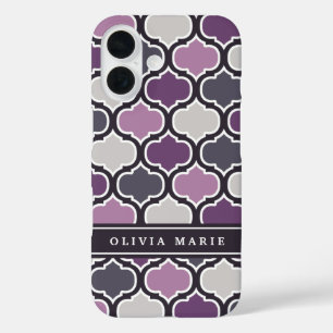 Dark Purple Arabesque Pattern Personalized Name iPhone 16 Case
