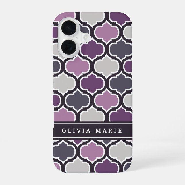 Dark Purple Arabesque Pattern Personalized Name iPhone 16 Case (Back)