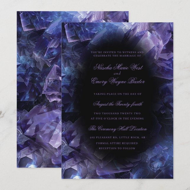 Dark Purple Boho Witch Crystals Black Wedding Invitation (Front/Back)